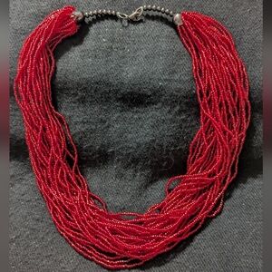 Red Multi Strand Layered Beaded Statement Necklace